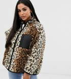 Asos Design Petite Leopard Fleece Jacket With Binding Detail - Multi