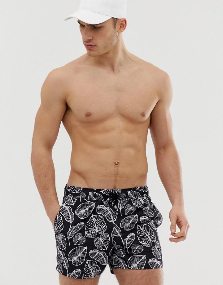 Asos Design Swim Shorts In Palm Print Short Length - Black