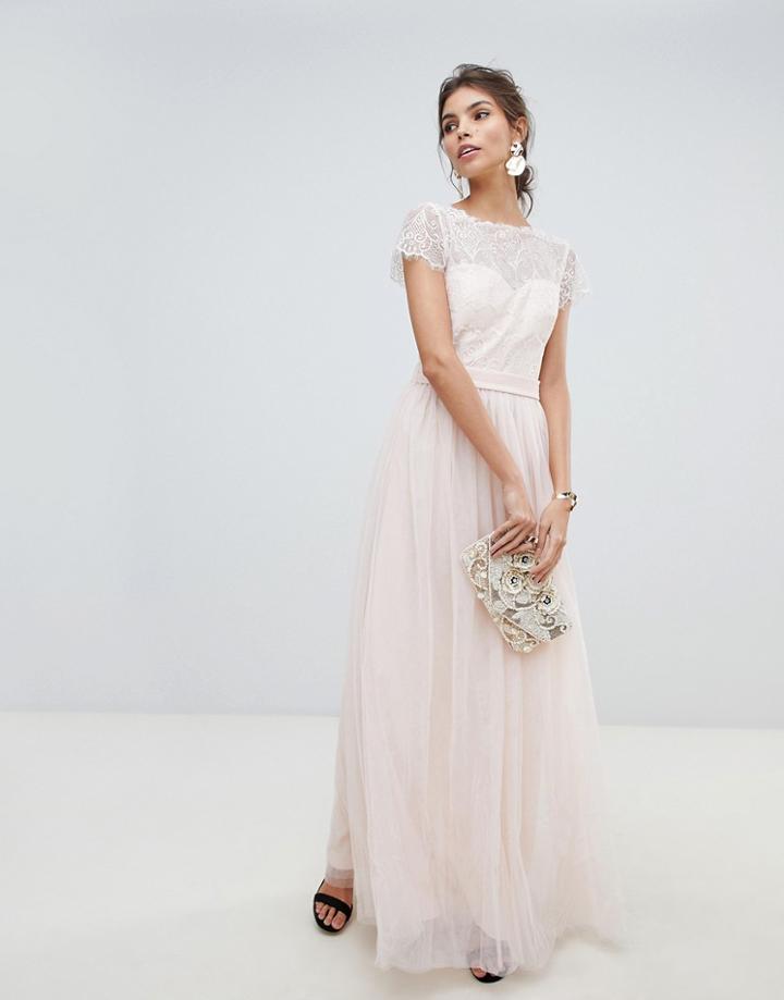 Little Mistress Eyelash Lace Top And Mesh Skirt Maxi Dress With Detachable Belt - Pink
