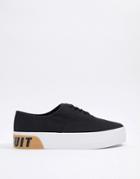 Asos Design Lace Up Plimsolls In Black Canvas With Chunky Text Print Sole - Black