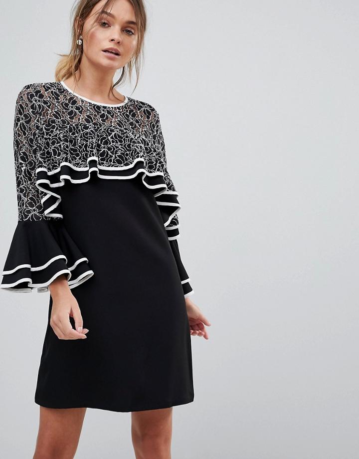 Liquorish Dress With Lace Detail And Frill Sleeves - Black