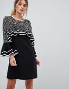 Liquorish Dress With Lace Detail And Frill Sleeves - Black