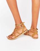 Faith Stud Tan Leather Gladiator Flat Sandals - Tan Leather