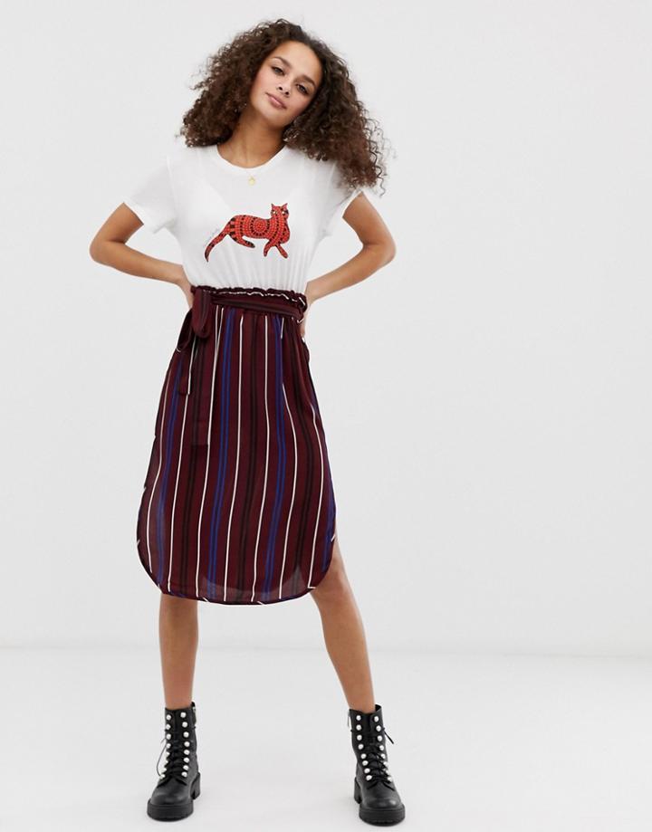 Brave Soul Vixen Midi Skirt With Split In Stripe-red