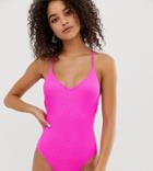 Warehouse Ribbed Swimsuit With Cross Back In Bright Pink - Pink