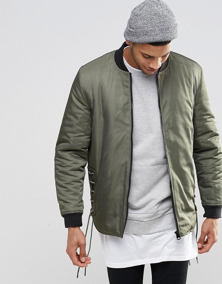 Asos Bomber Jacket With Laced Side Detail In Khaki - Khaki