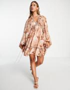Asos Design Textured Mini Smock Dress With Blouson Sleeve In Dusty Rose Floral Print-multi