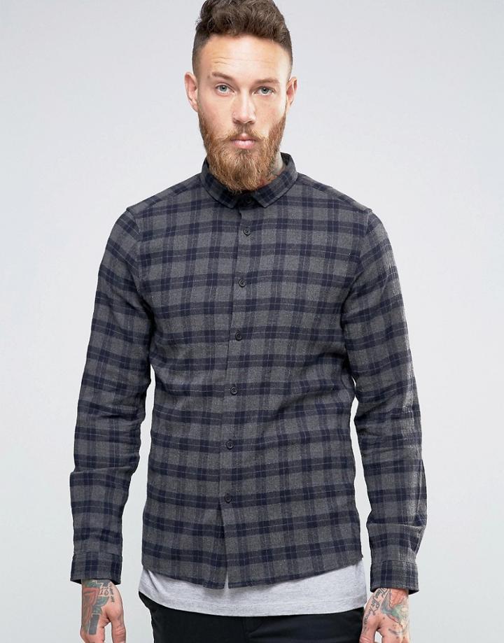 Asos Long Sleeve Checked Shirt In Regular Fit - Gray