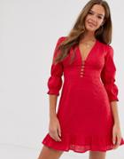 Neon Rose Mini Plunge Tea Dress With Ruffle Hem In Broderie-red