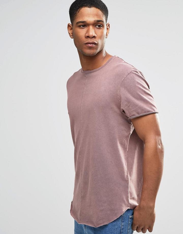 Asos Super Longline T-shirt With Acid Wash And Curved Hem - Pink