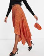 Asos Design Ruffle Midi Skirt In Orange Nonprint-multi