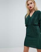 Asos Batwing V-neck Plisse Mini Dress - Green