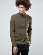 Asos Lambswool Rich Cable Sweater With High Neck In Khaki - Green