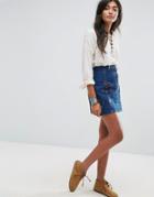 Pull & Bear Embroidered Button Through Denim Skirt - Blue