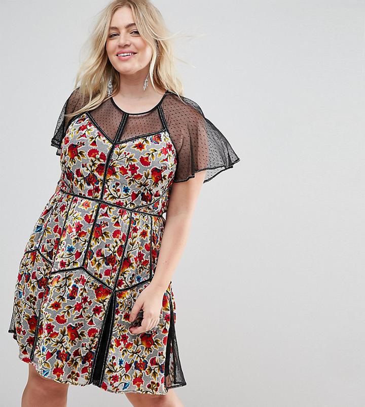 Frock And Frill Plus Floral Printed Velvet Mini Dress With Spotty Mesh Detail - Multi