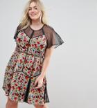 Frock And Frill Plus Floral Printed Velvet Mini Dress With Spotty Mesh Detail - Multi