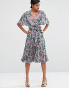 Asos Pleated Midi Dress In Floral Print - Multi