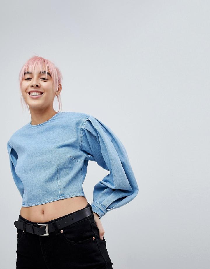 Asos Denim Balloon Sleeve Top In Mid Wash Blue - Blue