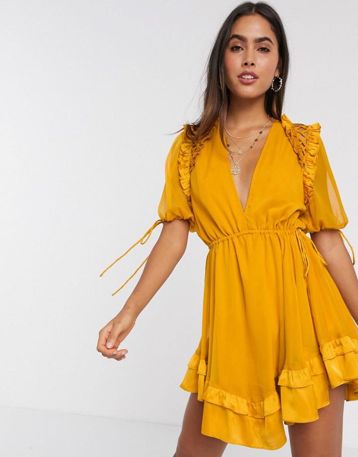 Asos Design Mini Dress With Satin Trim Ruffle And Tie Detail-multi