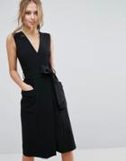 Closet V Front Midi Dress With Pockets - Black