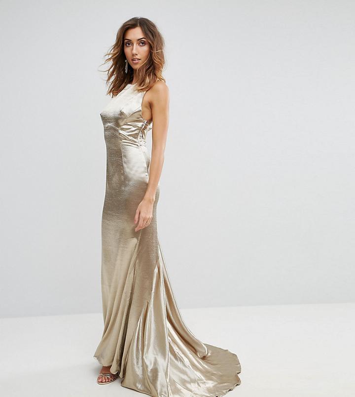 Jarlo Tall High Neck Fishtail Maxi Dress With Strappy Open Back Detail - Gold