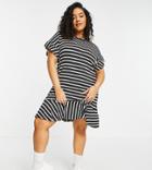 Simply Be T-shirt Dress With Frill Hem In Black And White Stripe-multi