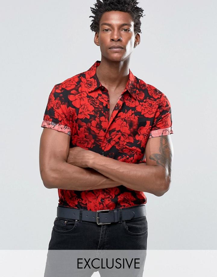Reclaimed Vintage Party Shirt In Rose Print In Reg Fit - Black