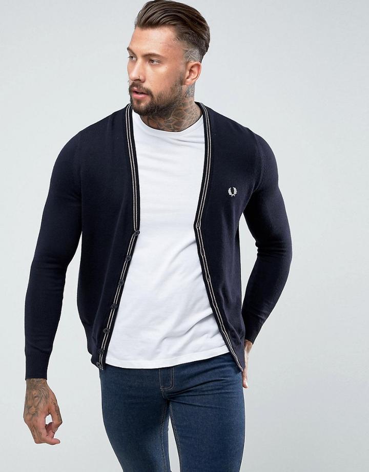 Fred Perry Fine Merino V Neck Cardigan In Navy - Navy