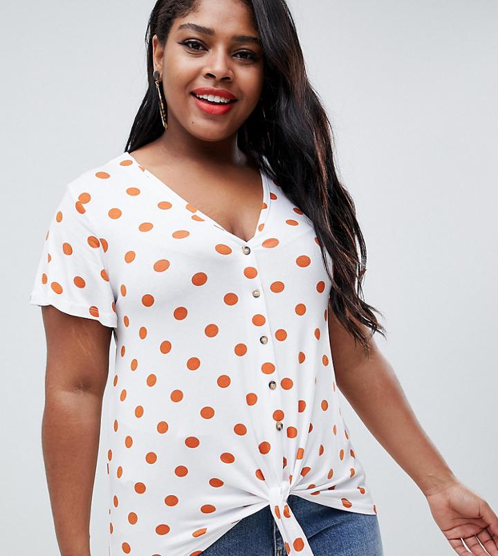 New Look Curve Spot Button Through Tie Front Tee - White