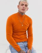 Asos Design Muscle Fit Merino Wool Turtleneck Sweater In Orange - Orange