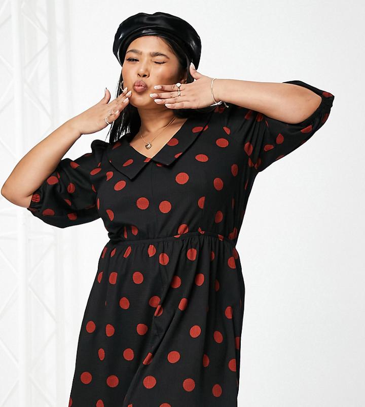 Asos Design Curve Stretch Mini Shirt Dress In Black And Spot-multi