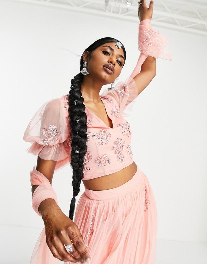 Maya Ditsy Floral Embellished Lehenga Crop Top In Blush-pink