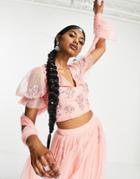 Maya Ditsy Floral Embellished Lehenga Crop Top In Blush-pink