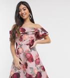 Chi Chi London Petite Mini Dress With Double Frill In Taupe Based Floral-multi