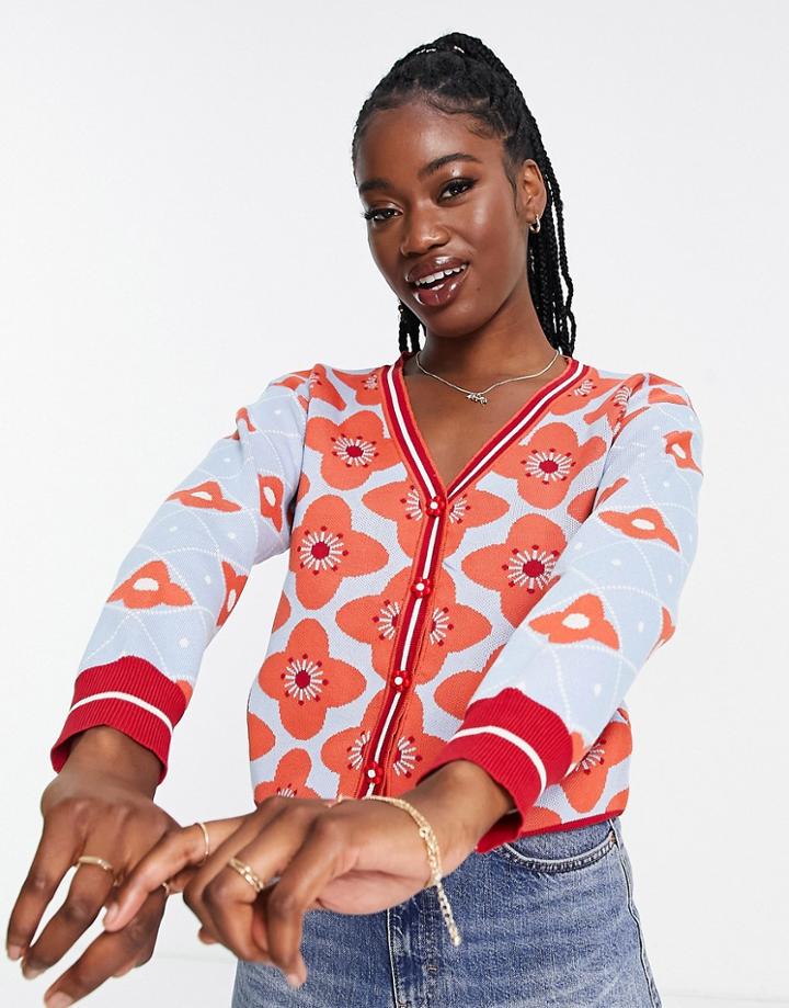 Qed London Cardigan In Bold Floral Print-multi