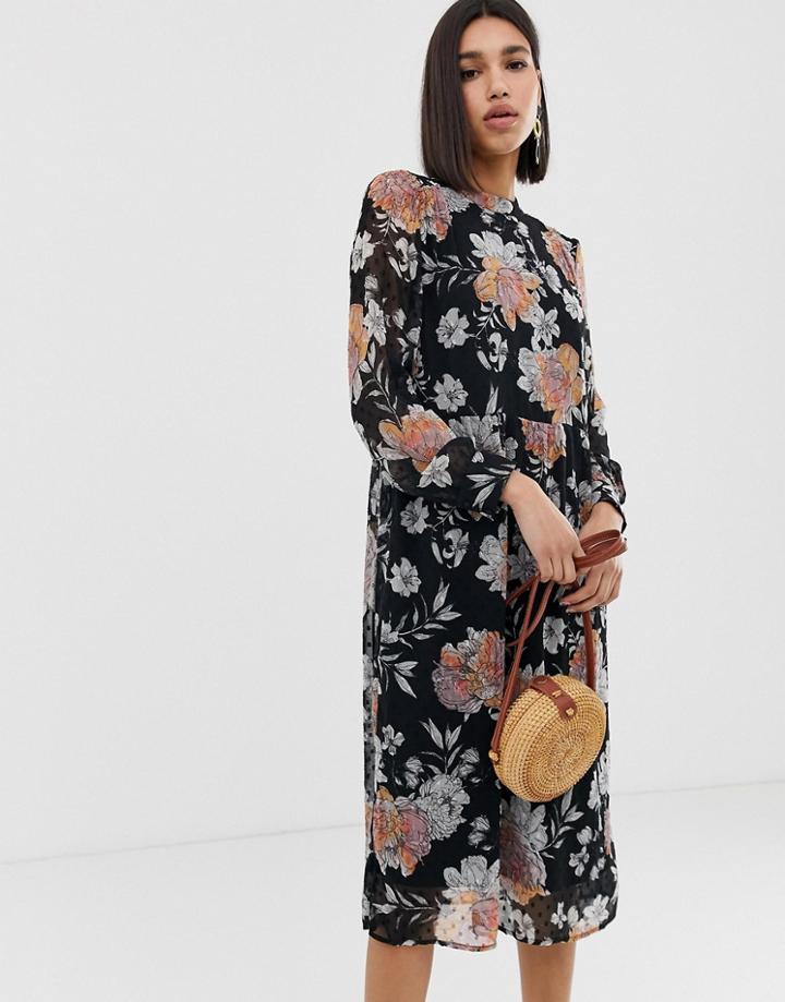 Vero Moda Smocked Floral Sheer Midi Dress - Black