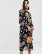 Vero Moda Smocked Floral Sheer Midi Dress - Black