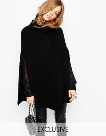 Stitch & Pieces Tuck Stitch Poncho - Black