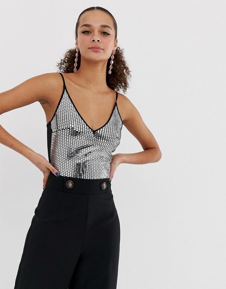 Miss Selfridge Cami Body In Silver Sequin - Silver