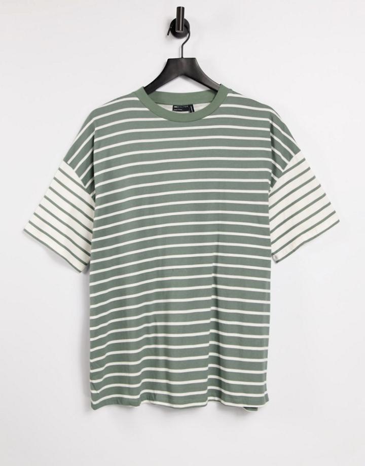 Asos Design Oversized T-shirt In Cut-about Stripe In Washed Sage-green