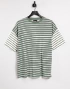 Asos Design Oversized T-shirt In Cut-about Stripe In Washed Sage-green