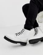 Asos Design Lace Up Boot In White Faux Leather With Raised Chunky Sole