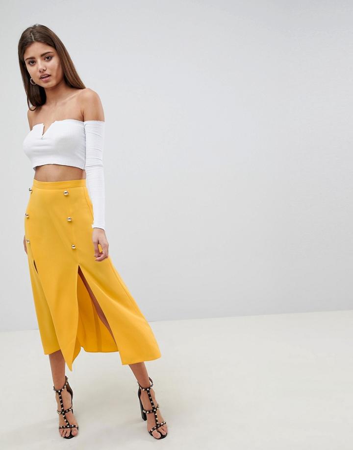 Asos Design Double Breasted Thigh Split Midi Skirt - Gold
