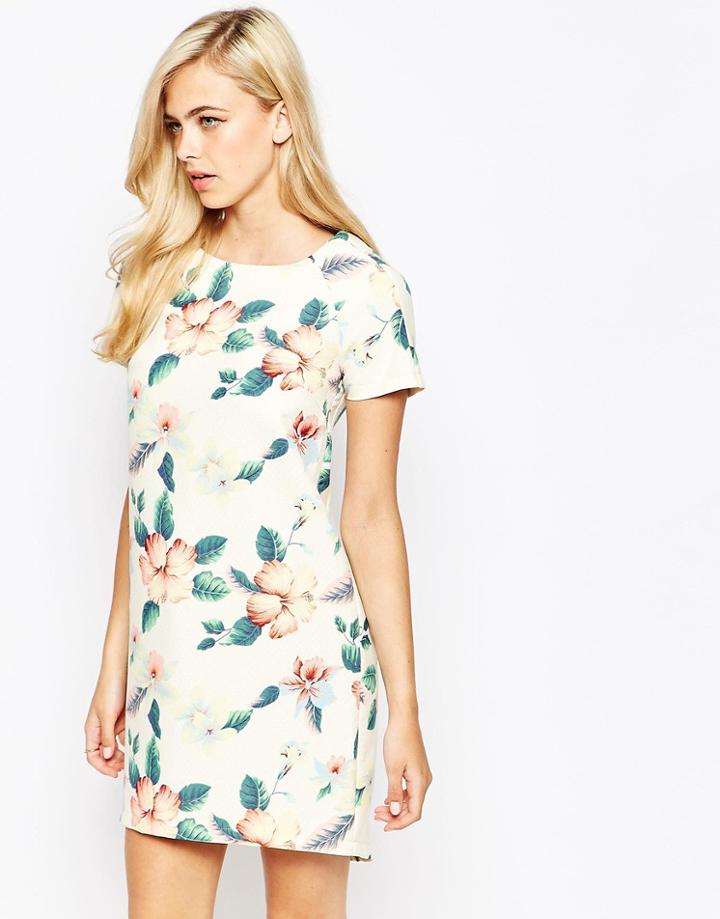 Ax Paris Dip Back Shift Dress In Quilted Tropical Floral - Multi