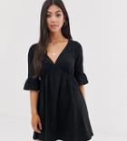 Asos Design Petite V Neck Frill Sleeve Smock Dress - Black