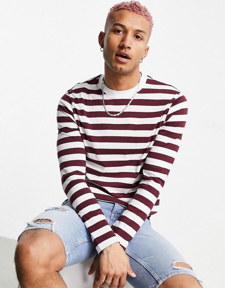 Asos Design Long Sleeve Striped Organic Cotton T-shirt In Burgundy-purple