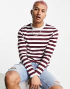 Asos Design Long Sleeve Striped Organic Cotton T-shirt In Burgundy-purple