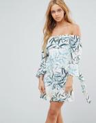 Neon Rose Fern Print Waterfall Bardot Dress - Multi