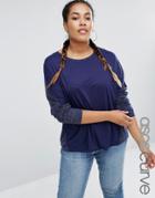 Asos Curve Linen Mix T-shirt With Long Sleeves - Navy