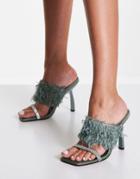 Asos Design Nettle Faux Feather Embellished Heeled Mules In Sage Green